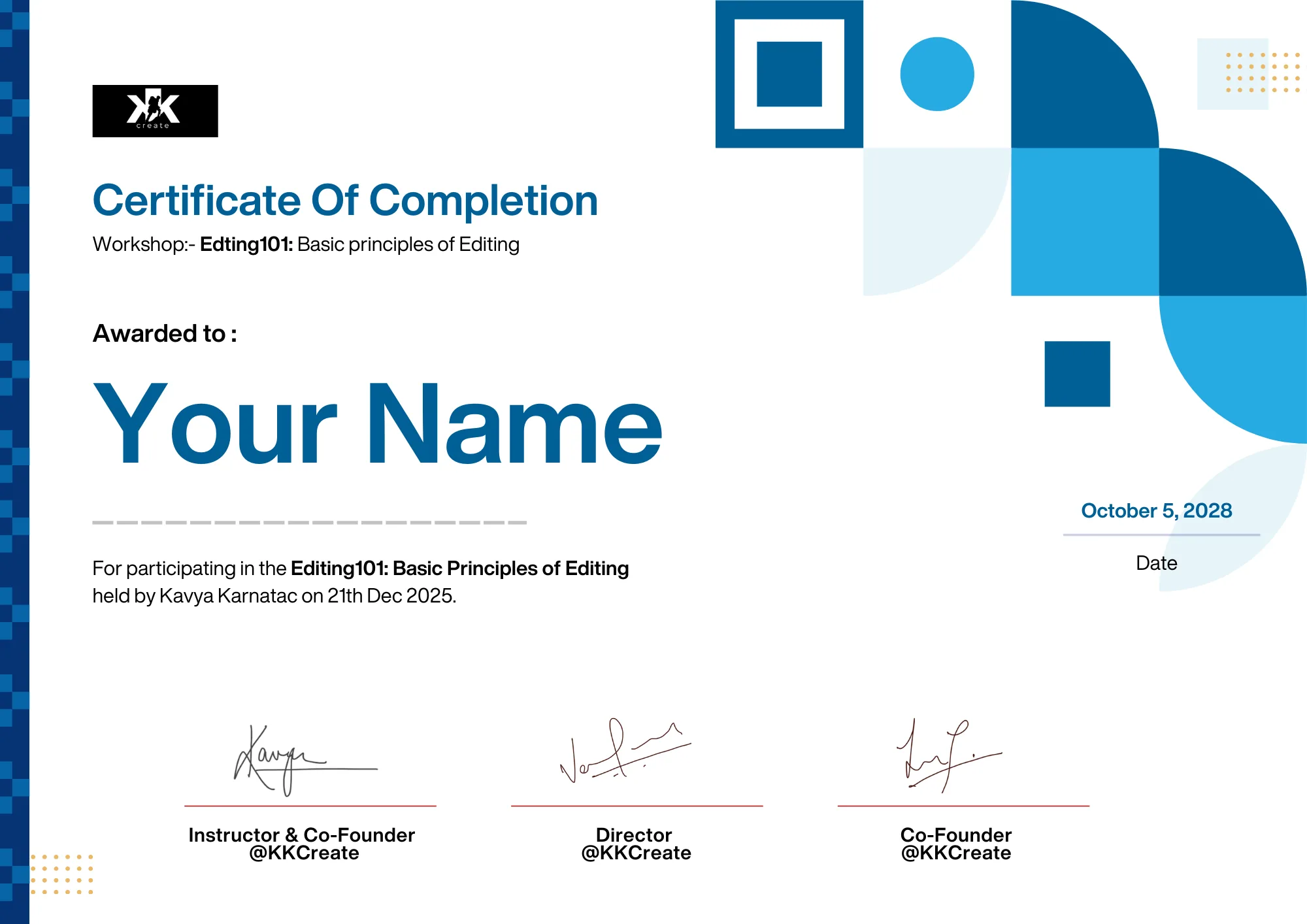 Editing 101 certificate of completion, signed by the KK Create team